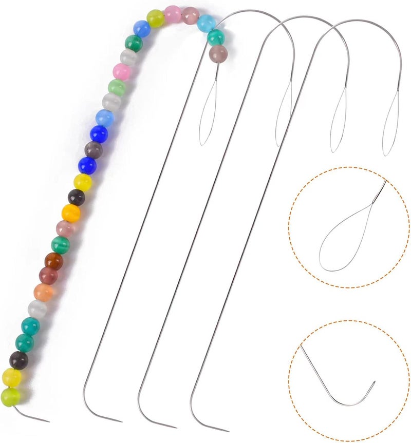 AUTEMOJO 4 Large Eye Curved Bead Embellishment Needles, 5.3 inch Stainless Steel Bead Spinning Needle with Handle, Used for Automatic Beading Machine, Waist Bead Bracelet Necklace DIY Manual Bead Making - Image 1